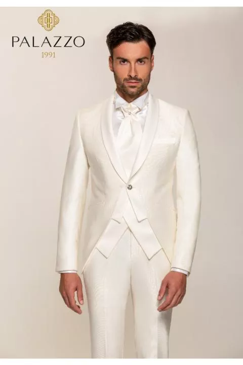 Abito da cerimonia bianco uomo, giacca elegante con rever, cravatta coordinata, PALAZZO C8 178.