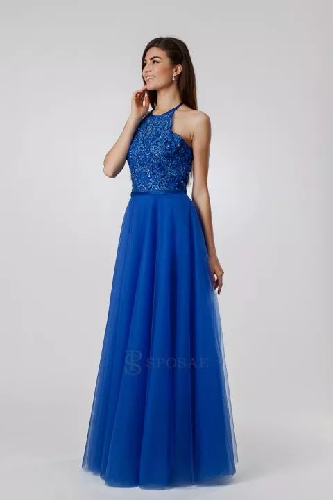 Abito da cerimonia blu DL23 con corpetto ricamato e gonna lunga in tulle.