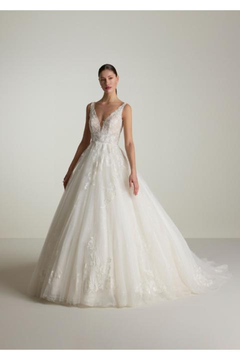 Abito da sposa ADELMIRA in pizzo e tulle con scollo a V e gonna ampia.