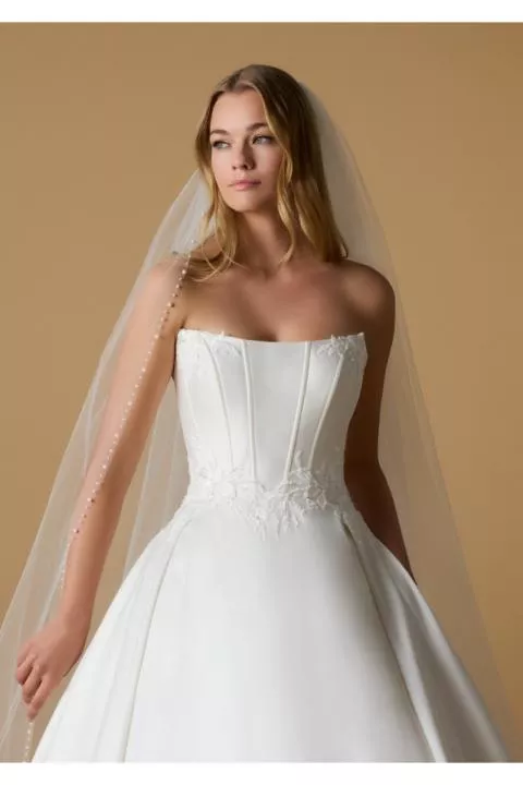 Abito da sposa ALAKHE con corpetto ricamato e velo elegante, sfondo beige.