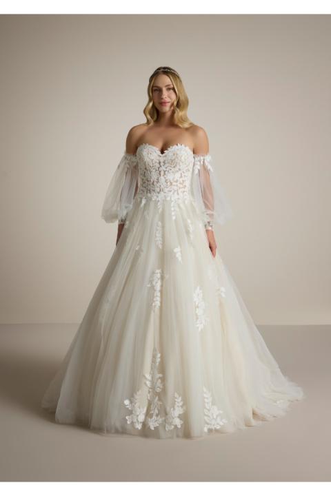Abito da sposa AZLIN con corpetto in pizzo floreale e maniche trasparenti, stile romantico ed elegante.