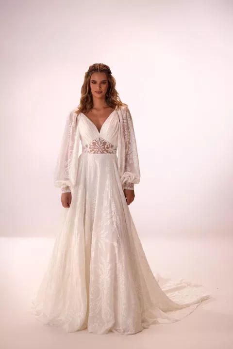 Abito da sposa ELLIANA - DAMA in pizzo bianco con maniche lunghe e dettagli floreali eleganti.