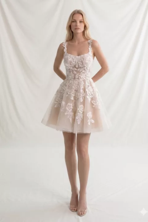 Abito corto in pizzo floreale bianco AMANDA - DAMA, elegante e romantico, indossato da modella in esterno.