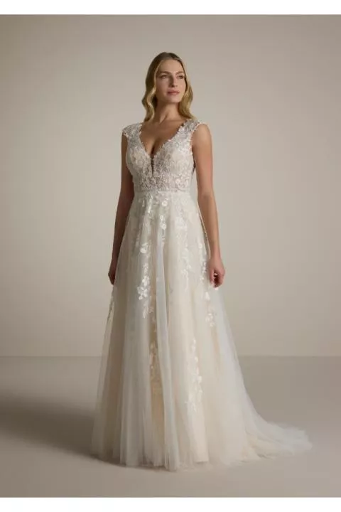 Abito da sposa PARVANA in pizzo floreale, scollo a V, gonna ampia in tulle, elegante e romantico.