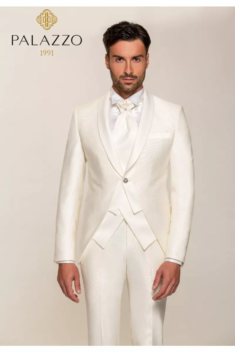 Abito da cerimonia bianco uomo, giacca elegante con rever, cravatta coordinata, PALAZZO C8 178.