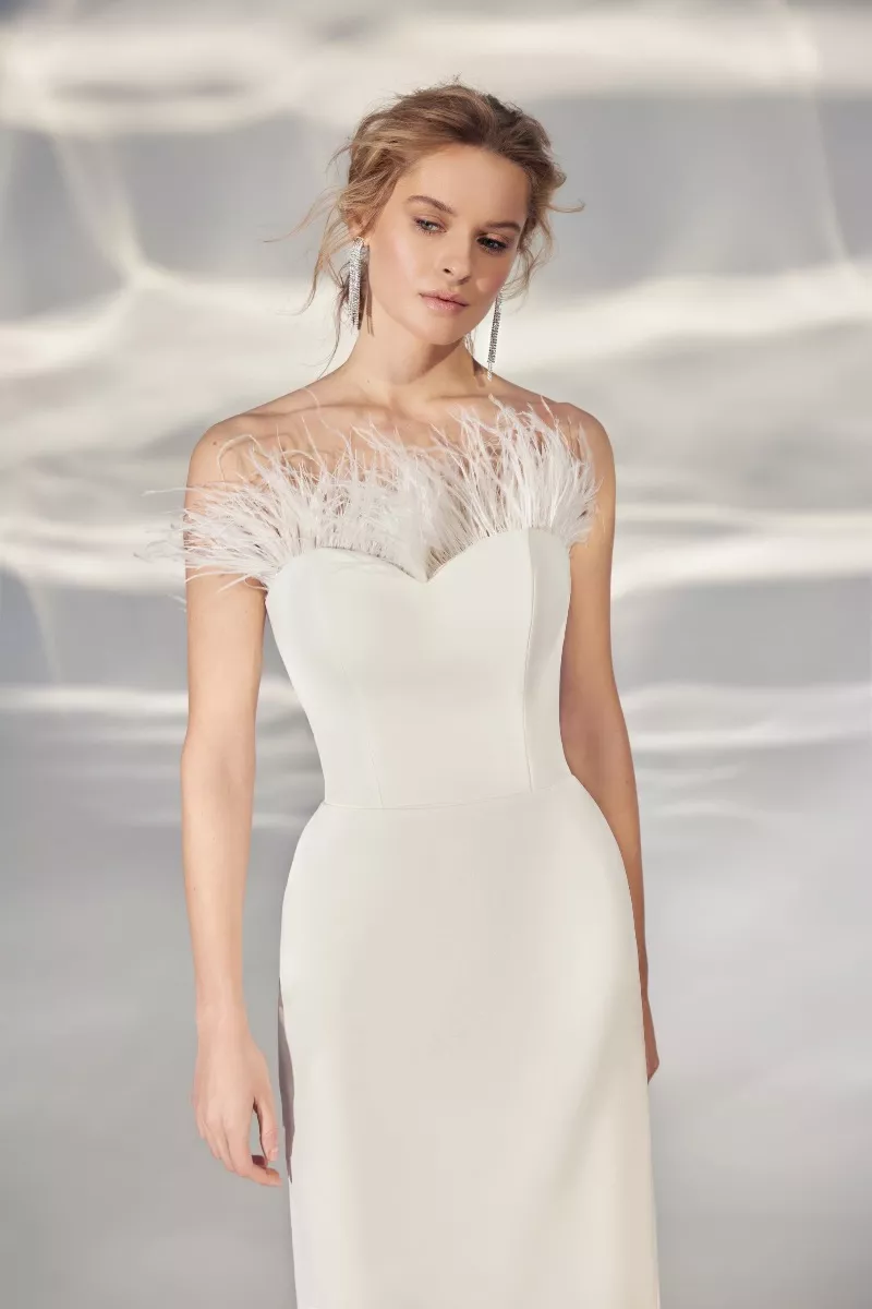 Abito da sposa elegante L331 ARIAMO LIGHT con dettagli piumati, sfondo sfumato.
