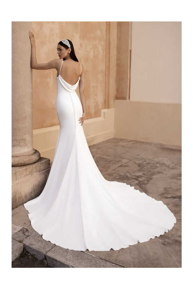 Abito da sposa Pronovias Antiope, schiena scoperta, strascico elegante, ambientazione esterna.