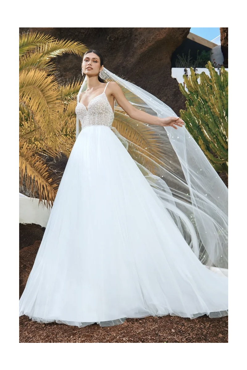Abito da sposa Pronovias Skelling con corpetto perline e gonna in tulle, sfondo naturale con piante verdi.