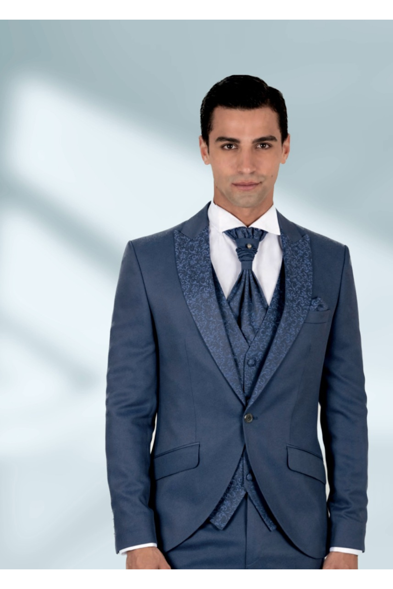 Abito da uomo blu elegante AraxGazzo, giacca con revers decorati, cravatta coordinata.
