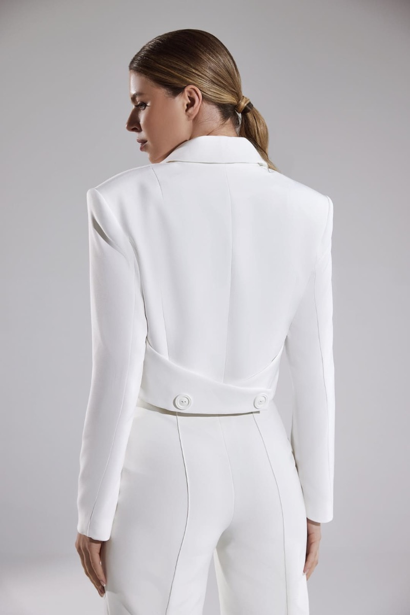 Giacca bianca elegante T3922 Mark Loren, vista posteriore, dettagli bottoni, stile sofisticato.