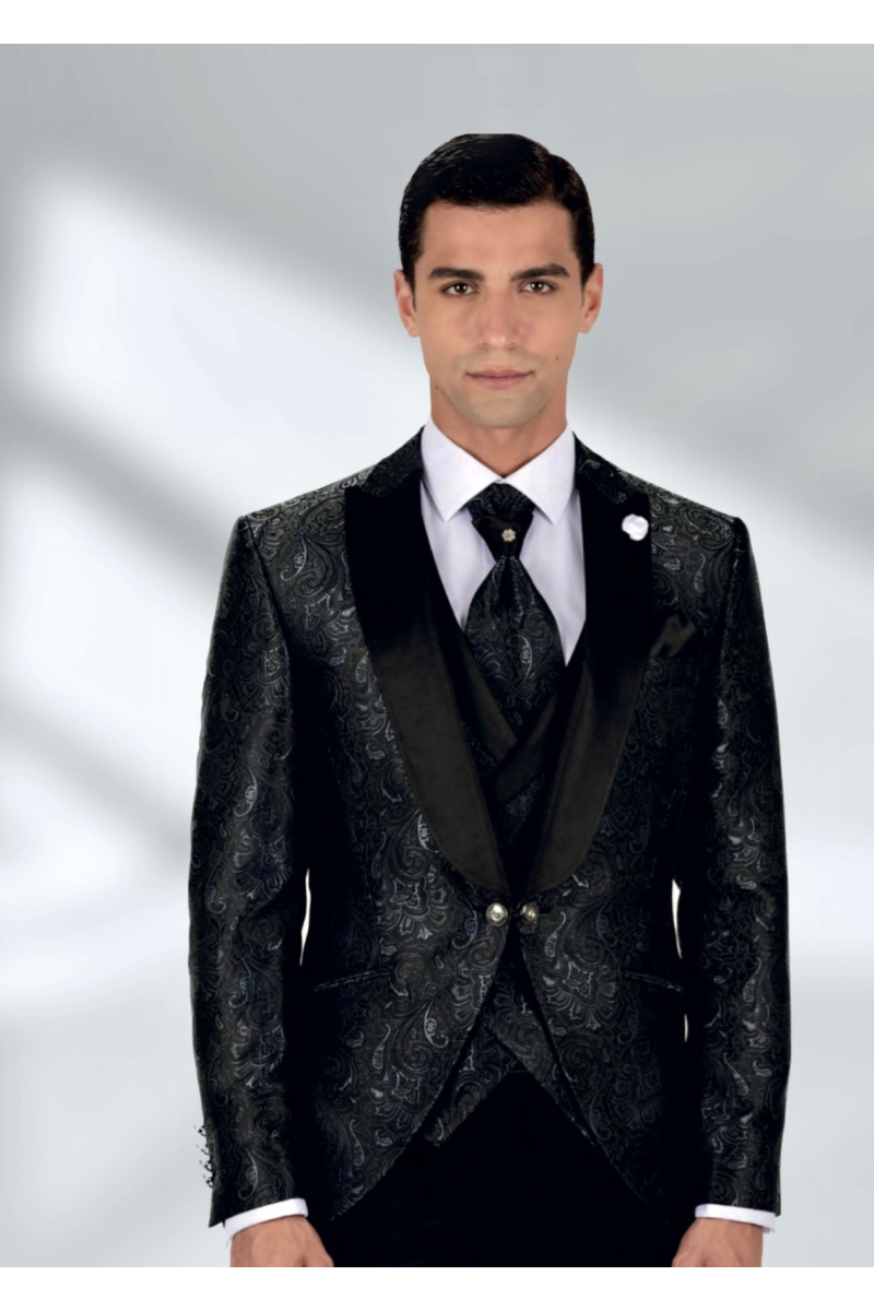 Elegante abito uomo nero con giacca damascata e cravatta, modello 832D230 Bahamas.