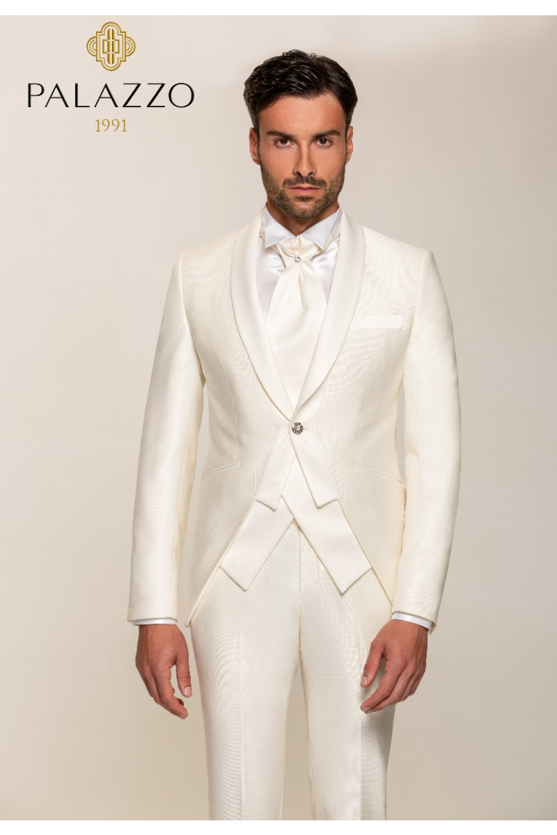 Abito da cerimonia bianco uomo, giacca elegante con rever, cravatta coordinata, PALAZZO C8 178.
