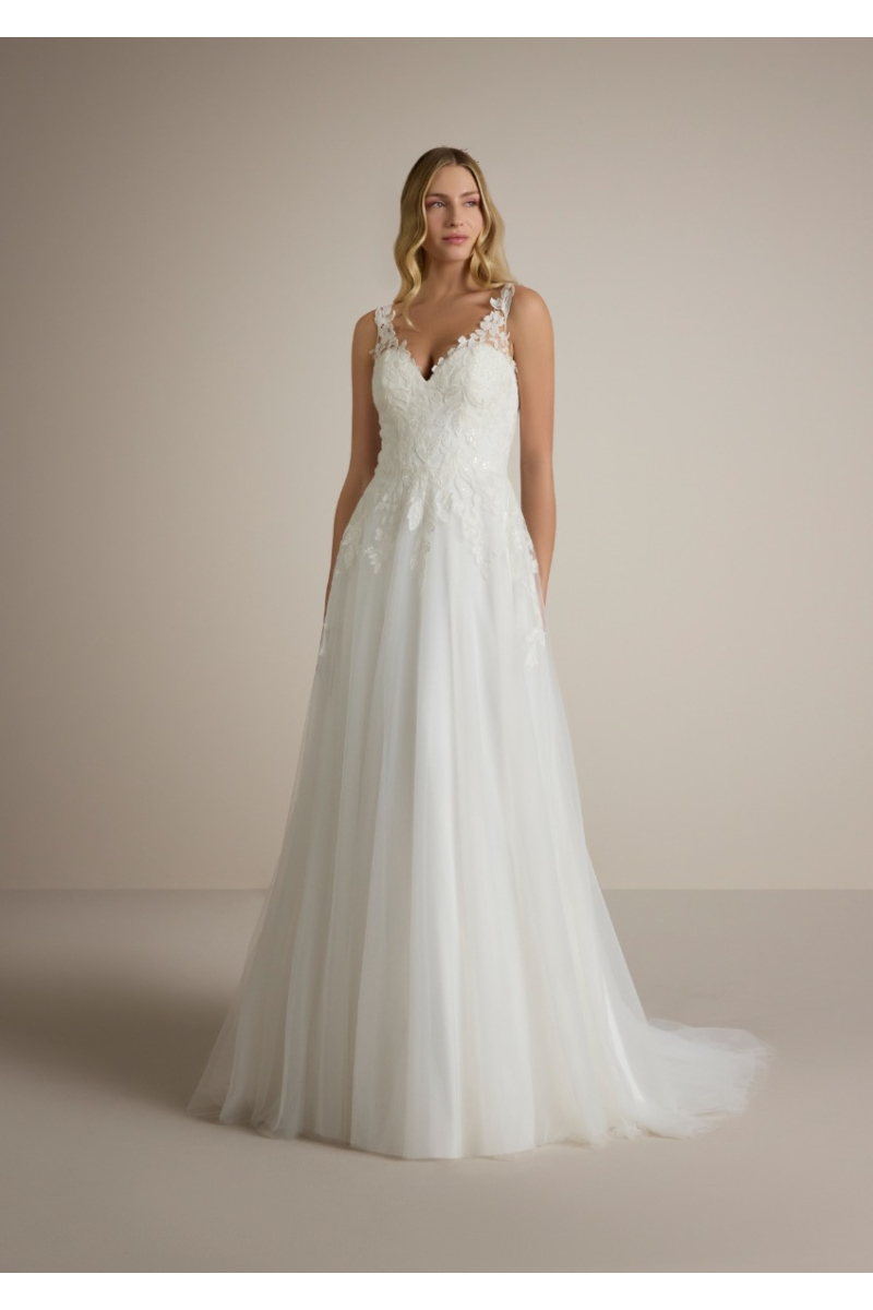 Abito da sposa ATHALIA, bianco, con dettagli in pizzo e spalline trasparenti, stile romantico ed elegante.