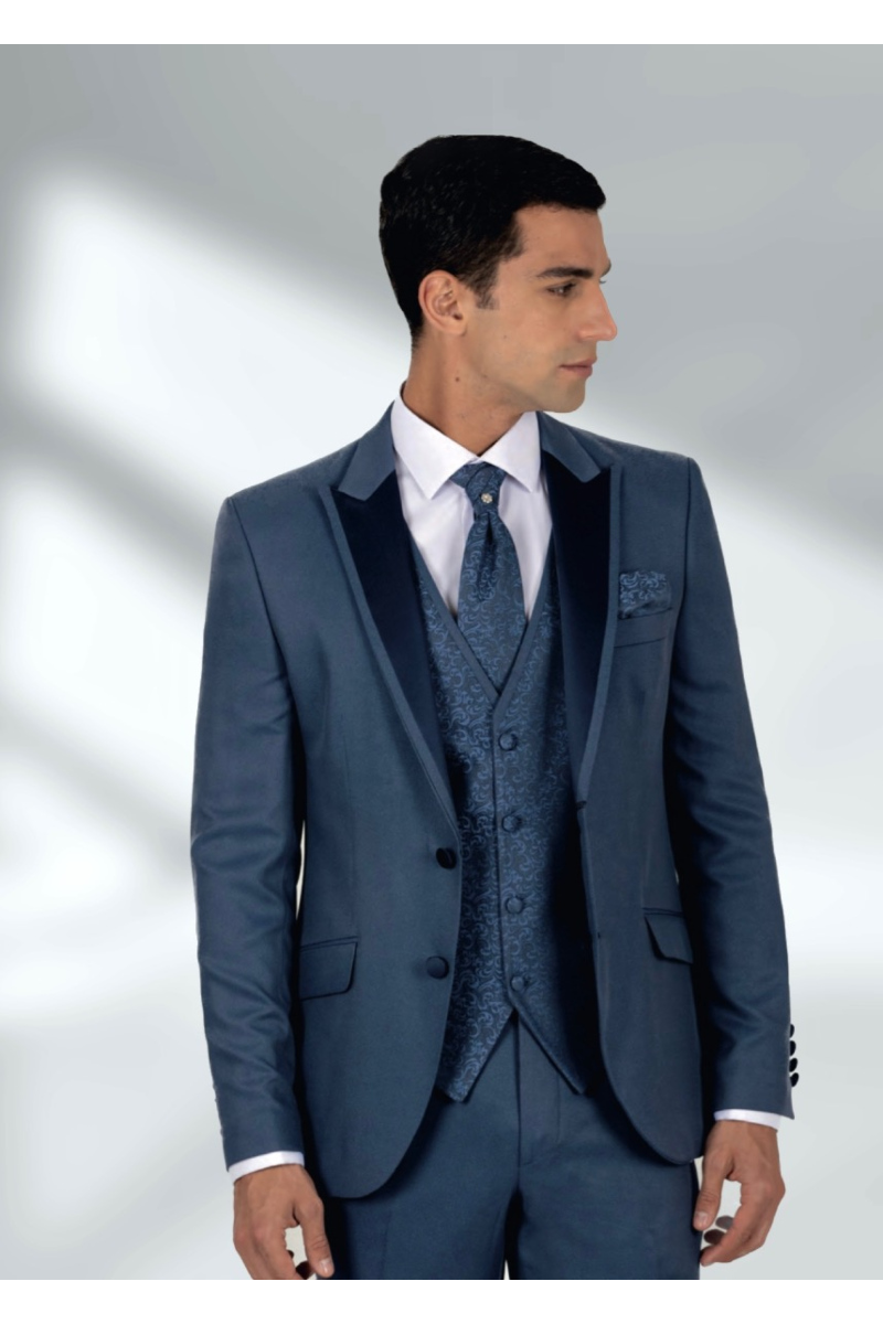 Abito elegante blu modello 802D270 Arkansas con giacca, gilet e cravatta a fantasia.