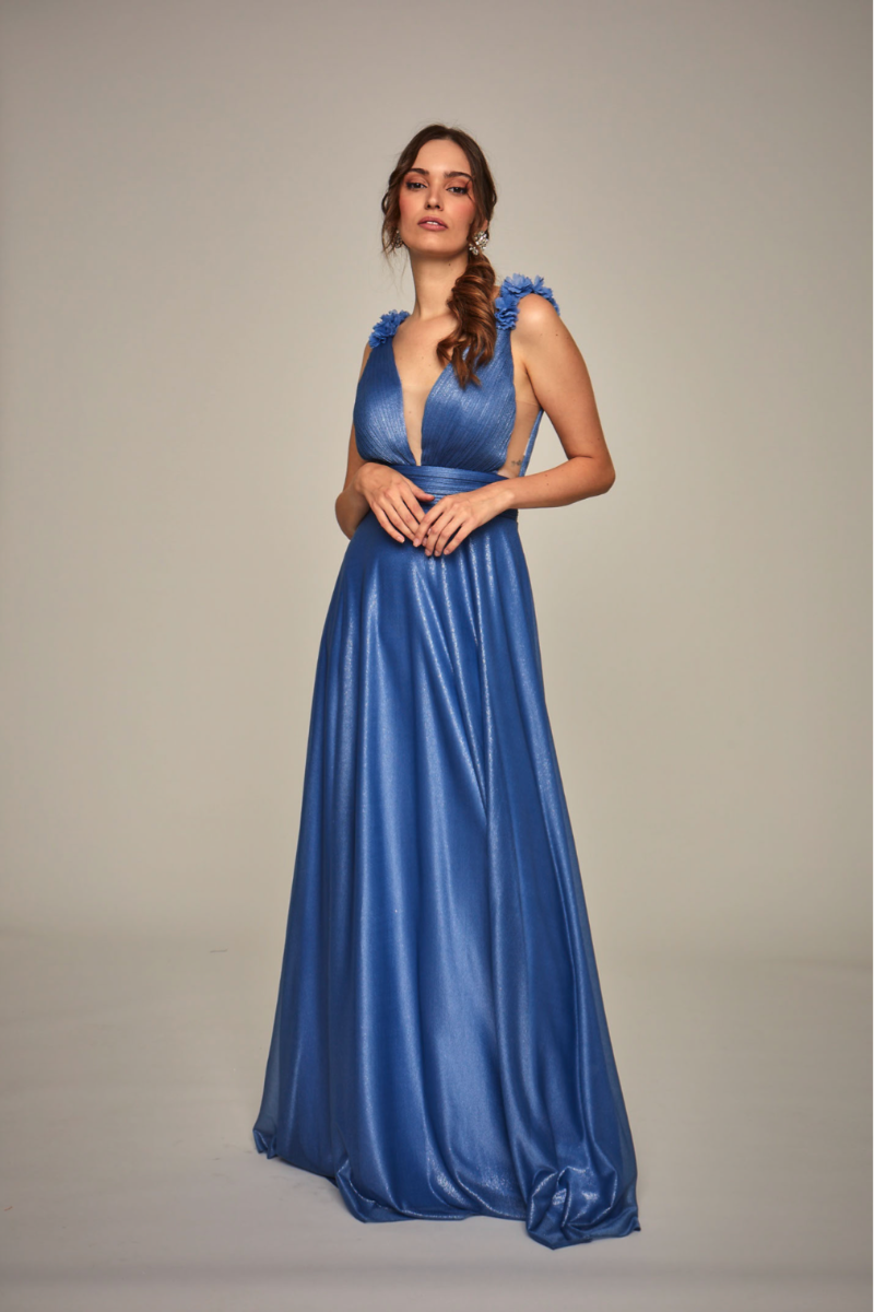 Abito lungo blu elegante con scollo a V e dettagli floreali sulle spalle, LPA253 LINEA LE PREZIOSE.