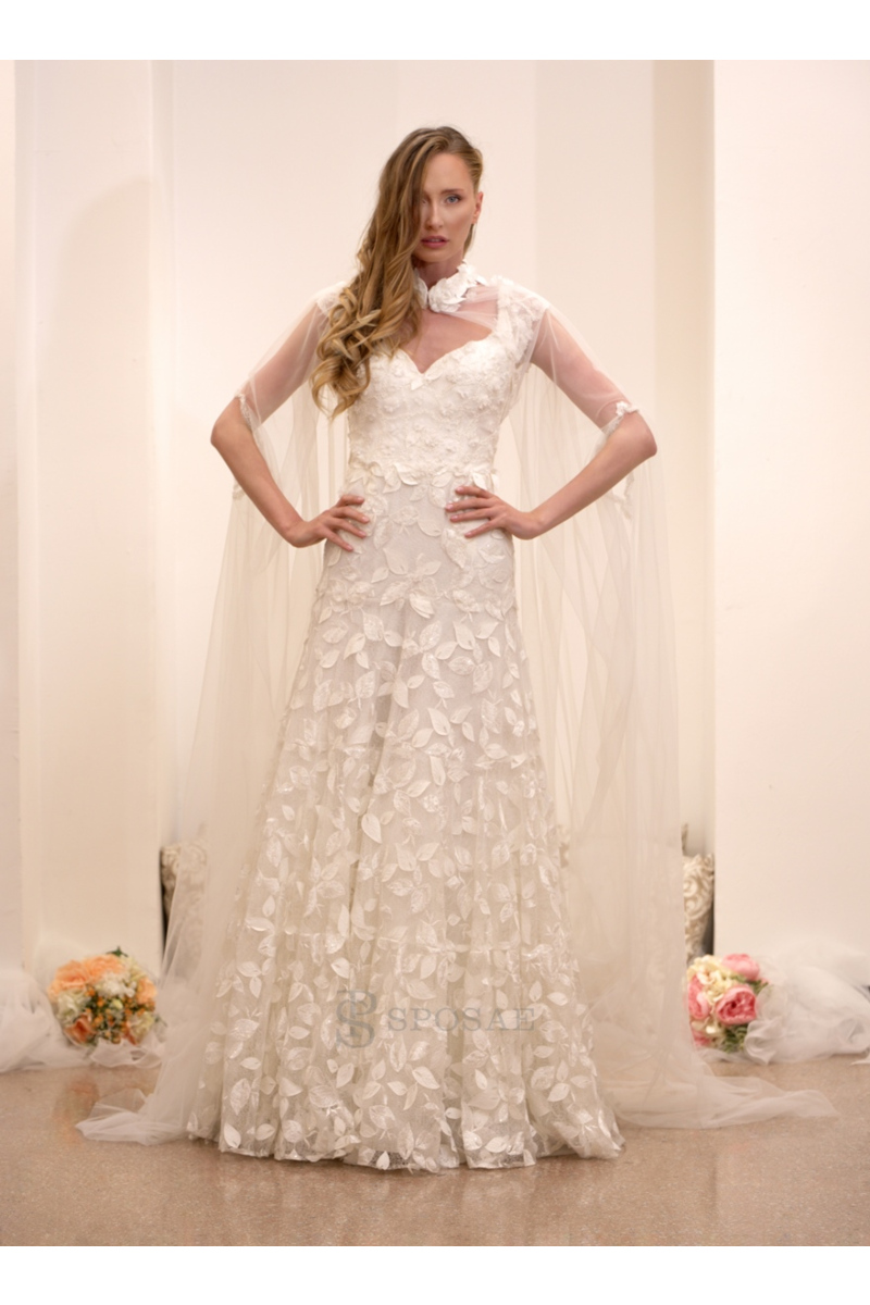 Abito da sposa in pizzo floreale con mantello trasparente, modello outlet ctpscm007.