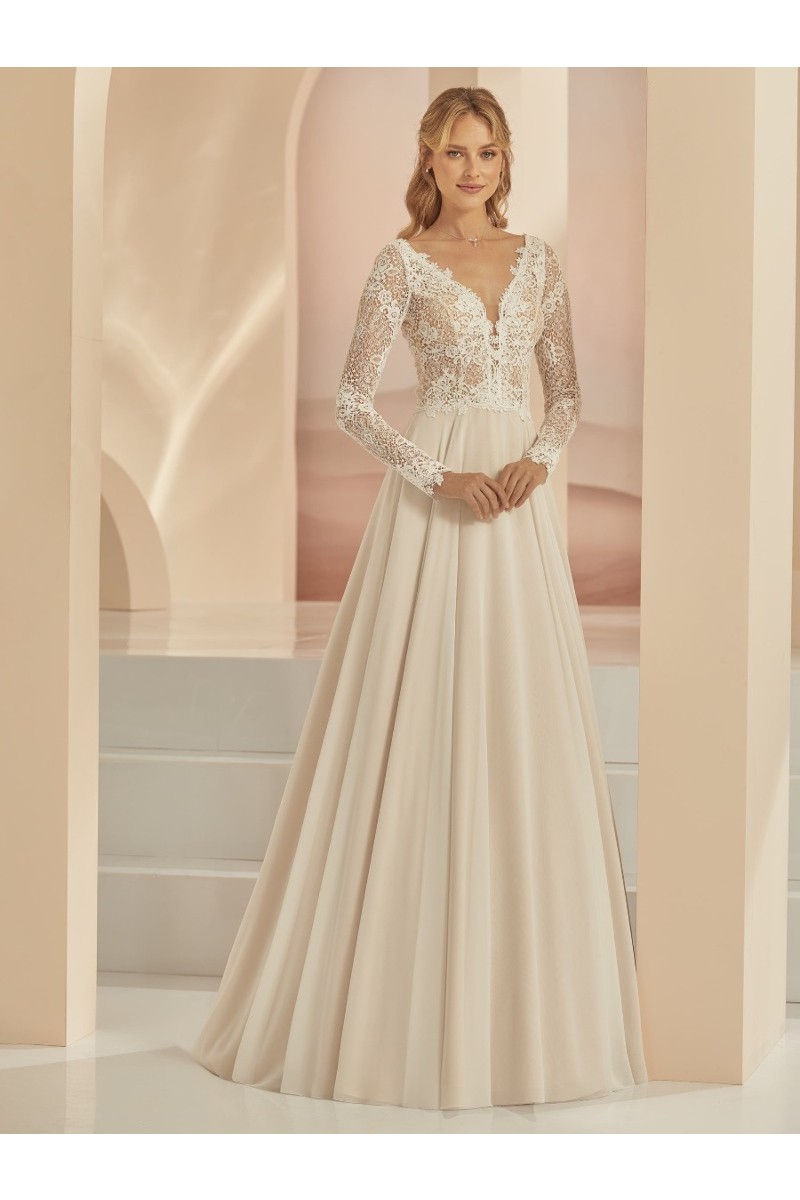 Abito da sposa elegante in pizzo e chiffon, maniche lunghe, scollo a V, Famosa Linea Bianco Evento.