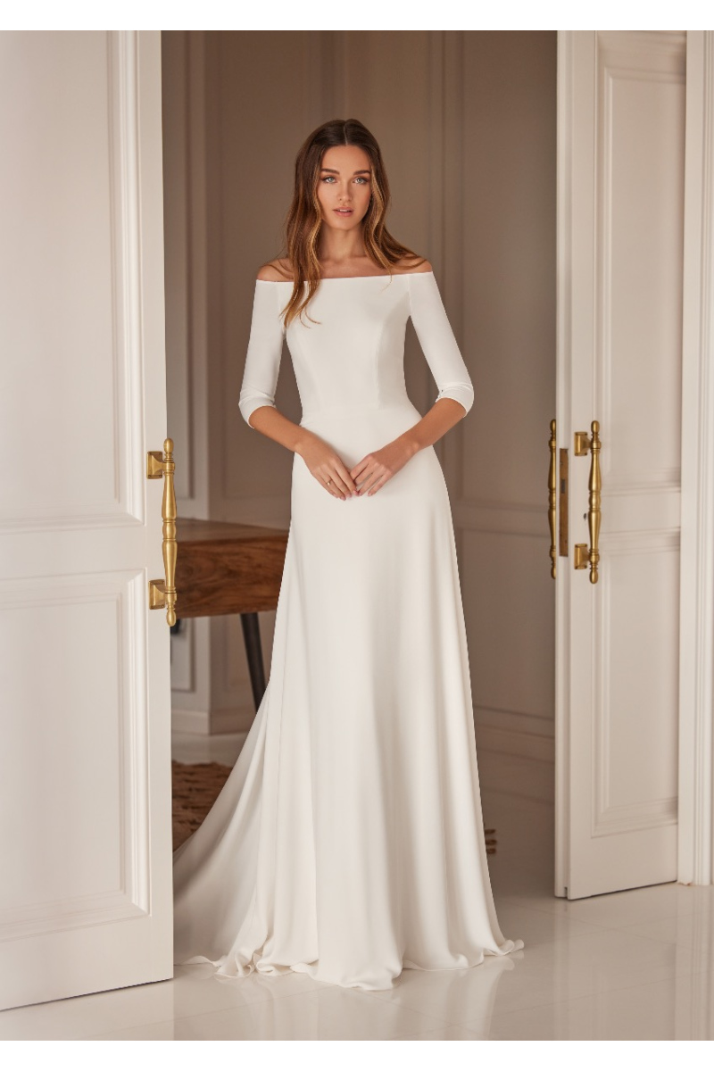 Abito da sposa LILLIE St. Patrick, maniche lunghe, stile minimalista, scollo a barca, elegante e raffinato.