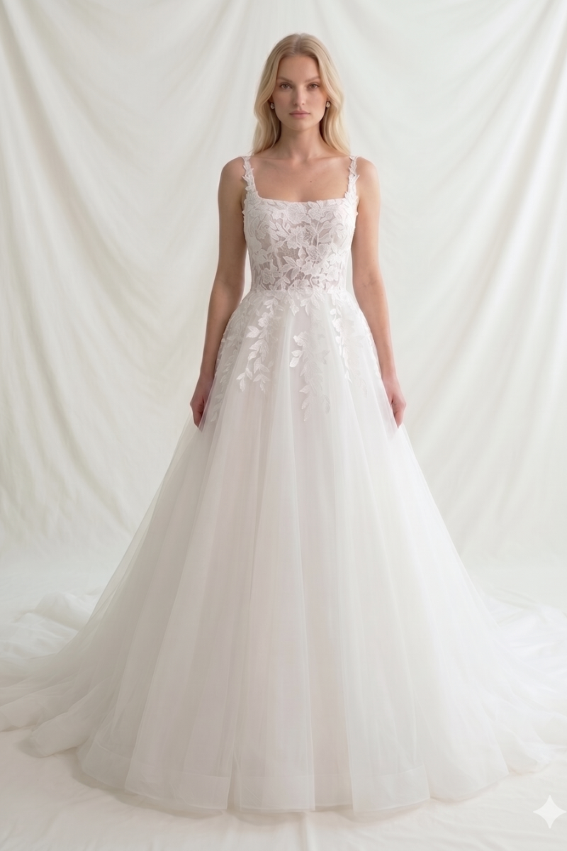 Abito da sposa in pizzo floreale bianco, collezione Maria - The Romantica Collection.