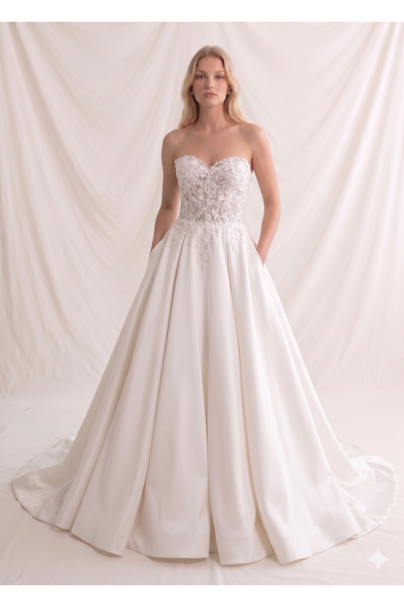 Abito da sposa con corpetto in pizzo floreale e gonna ampia, dettaglio tasca, Romantica by Sposae Atelier.