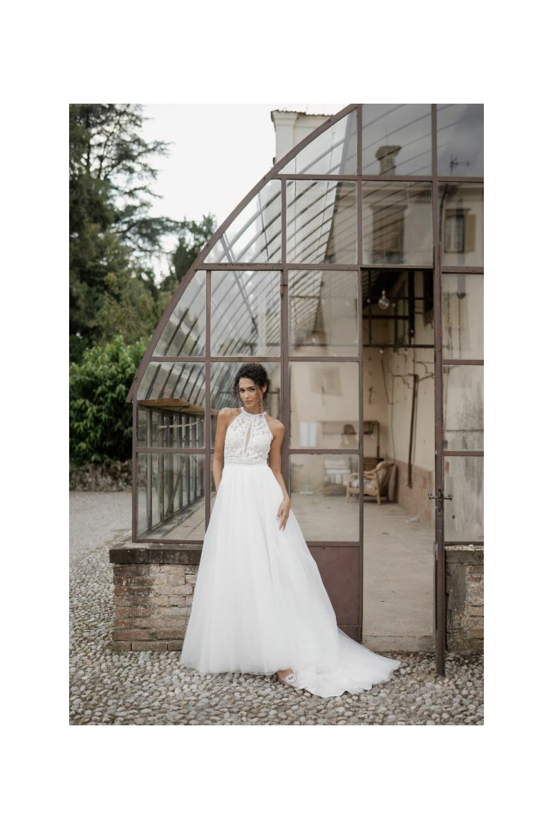 Abito da sposa elegante con top ricamato, ambientato in uno scenario rustico con serra in vetro.