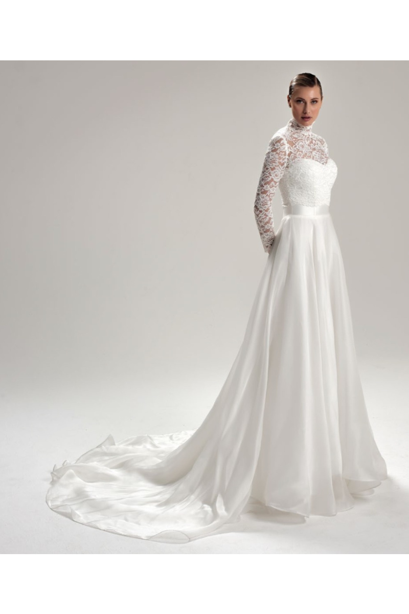 Abito da sposa Malachite Sposa Capri, pizzo e seta, maniche lunghe, elegante e raffinato.