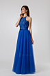 Abito da cerimonia blu DL23 con corpetto ricamato e gonna lunga in tulle.
